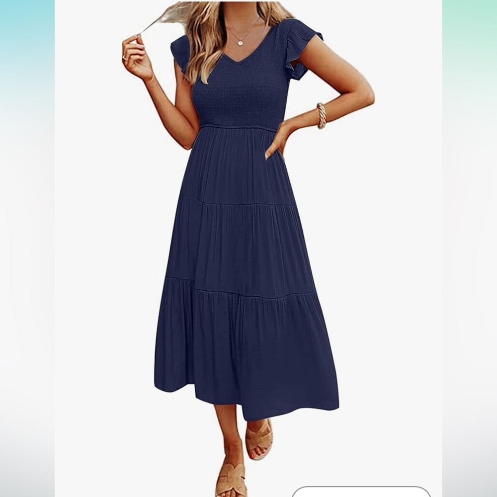 Blue V-Neck Flutter Sleeve Sundress